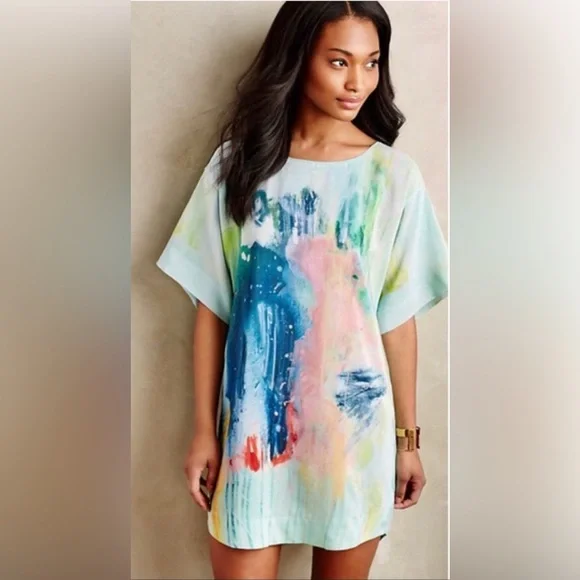 Anthropologie Maeve Painted 100% Silk Watercolor Tunic Dress Size XS - Picture 2 of 14